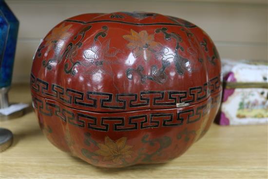 A Chinese lacquer pumpkin shaped box and cover